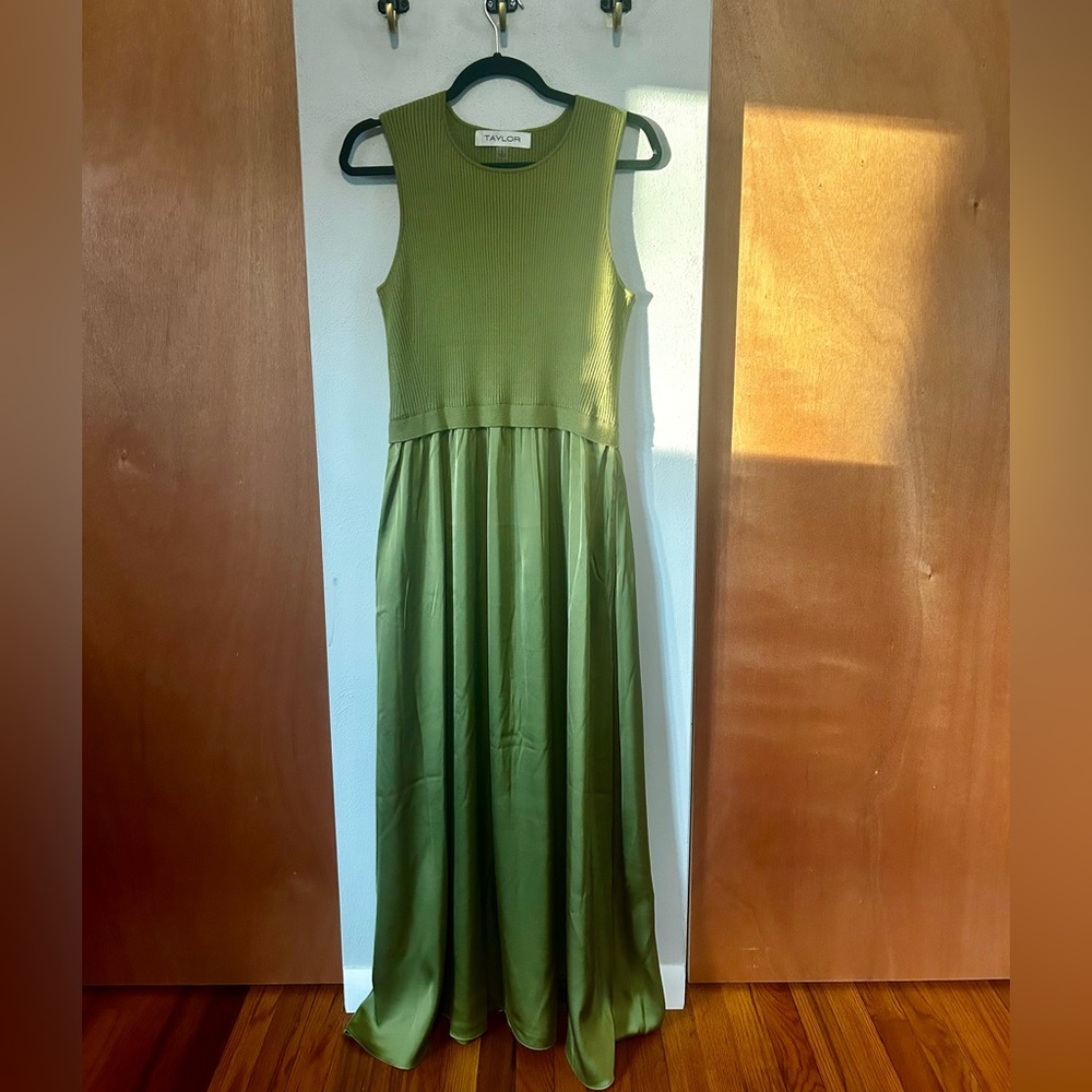 Taylor green cotton and silk maxi dress; brand new without tags; size large